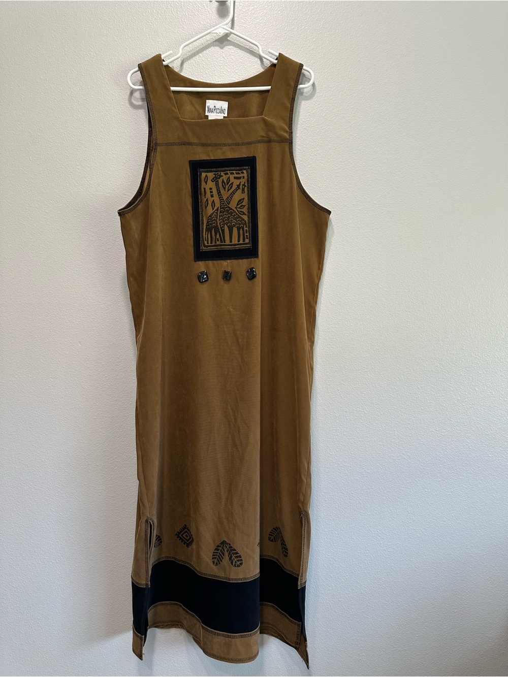 VTG 90’s Nina Piccalino size 16 brown/black giraffe/tribal maxi,square neck